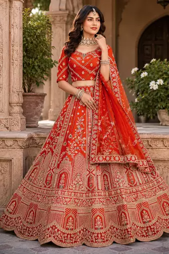 Rust Orange Silk blend with Fusing Embroidered Lehenga Choli