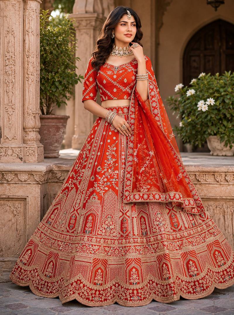 Rust Orange Silk blend with Fusing Embroidered Lehenga Choli