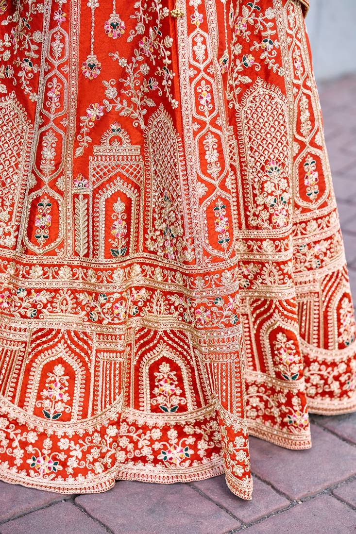 Rust Orange Silk blend with Fusing Embroidered Lehenga Choli