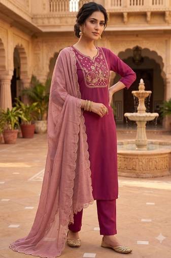 Women's  deep pink embroidered straight kurta pant set with scalloped dupatta