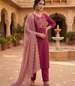 Women's  deep pink embroidered straight kurta pant set with scalloped dupatta