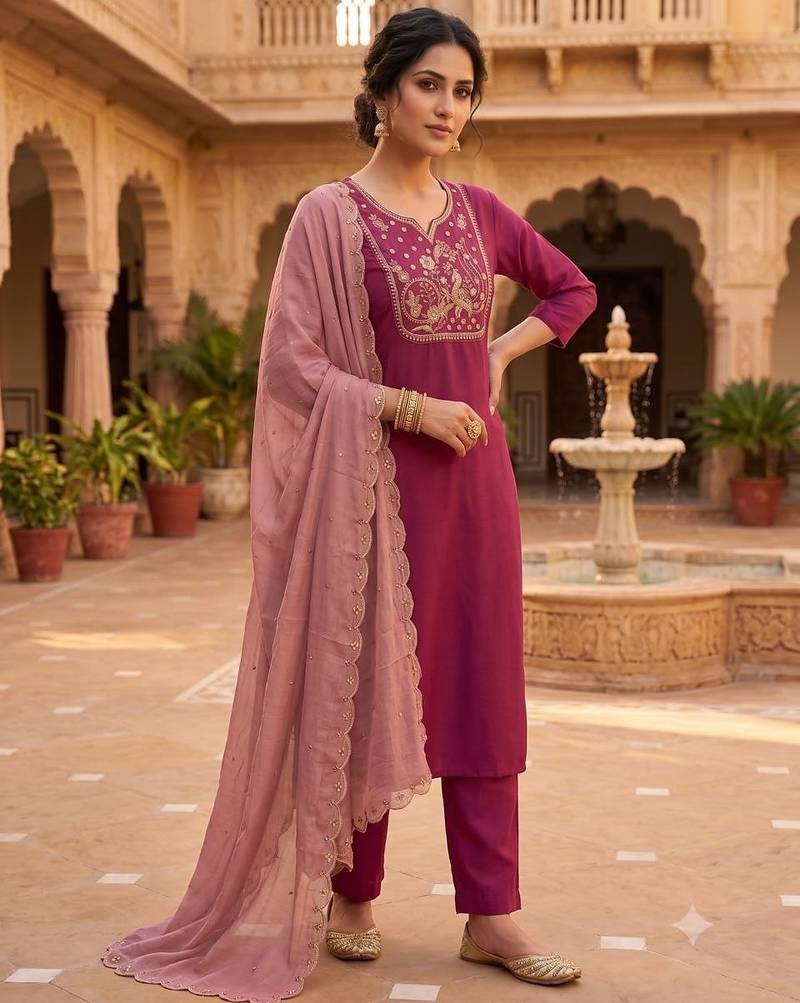 Women's  deep pink embroidered straight kurta pant set with scalloped dupatta