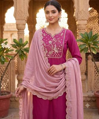 Women's  deep pink embroidered straight kurta pant set with scalloped dupatta 2