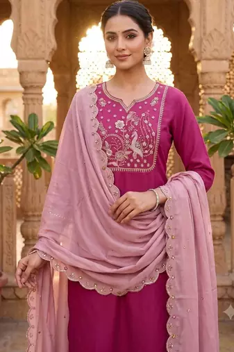 Women's  deep pink embroidered straight kurta pant set with scalloped dupatta