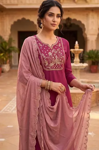 Women's  deep pink embroidered straight kurta pant set with scalloped dupatta