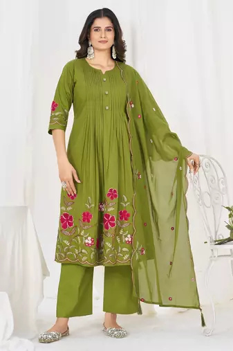 Women embroidered cotton blend a-line kurta set with pants and scalloped dupatta