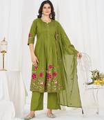 Women embroidered cotton blend a-line kurta set with pants and scalloped dupatta