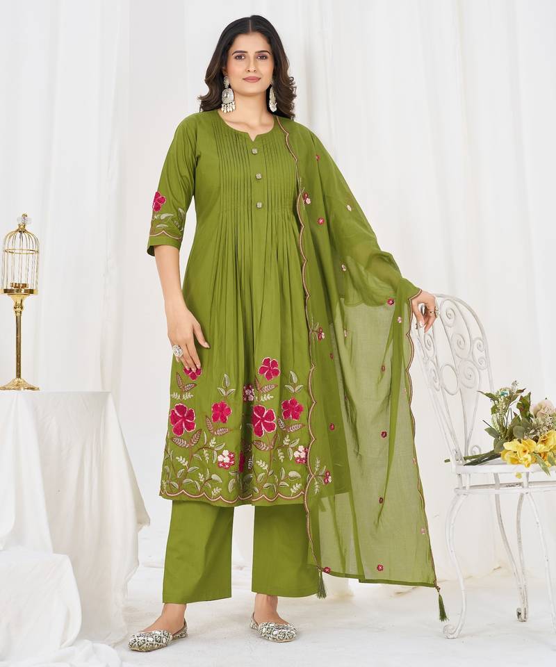 Women embroidered cotton blend a-line kurta set with pants and scalloped dupatta