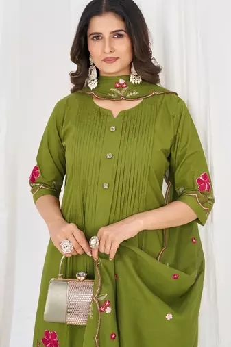 Women embroidered cotton blend a-line kurta set with pants and scalloped dupatta