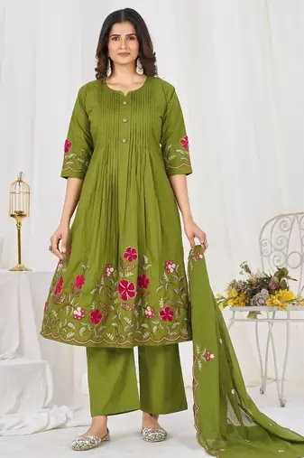 Women embroidered cotton blend a-line kurta set with pants and scalloped dupatta