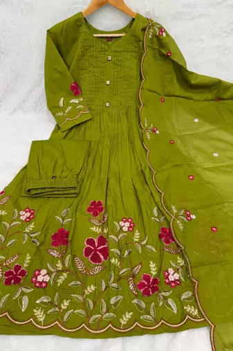 Women embroidered cotton blend a-line kurta set with pants and scalloped dupatta
