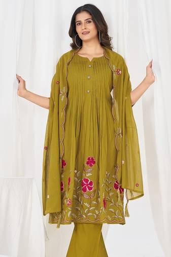 Women embroidered cotton blend a-line kurta set with pants and scalloped dupatta