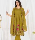 Women embroidered cotton blend a-line kurta set with pants and scalloped dupatta