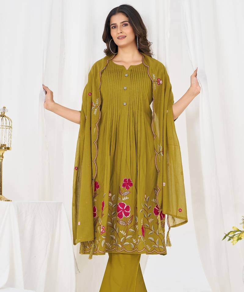 Women embroidered cotton blend a-line kurta set with pants and scalloped dupatta