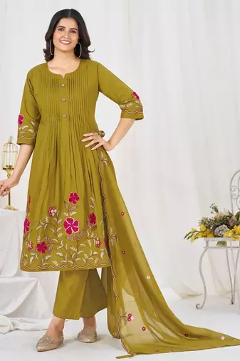 Women embroidered cotton blend a-line kurta set with pants and scalloped dupatta