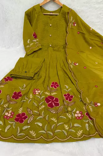 Women embroidered cotton blend a-line kurta set with pants and scalloped dupatta