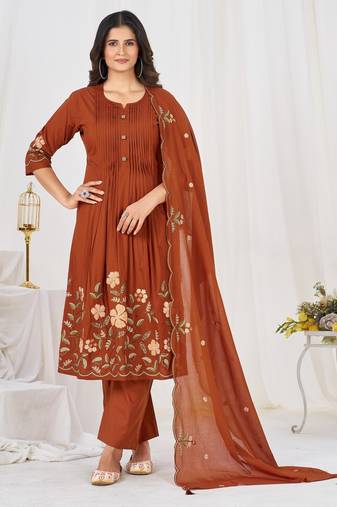 Women embroidered cotton blend a-line kurta set with pants and scalloped dupatta