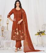 Women embroidered cotton blend a-line kurta set with pants and scalloped dupatta