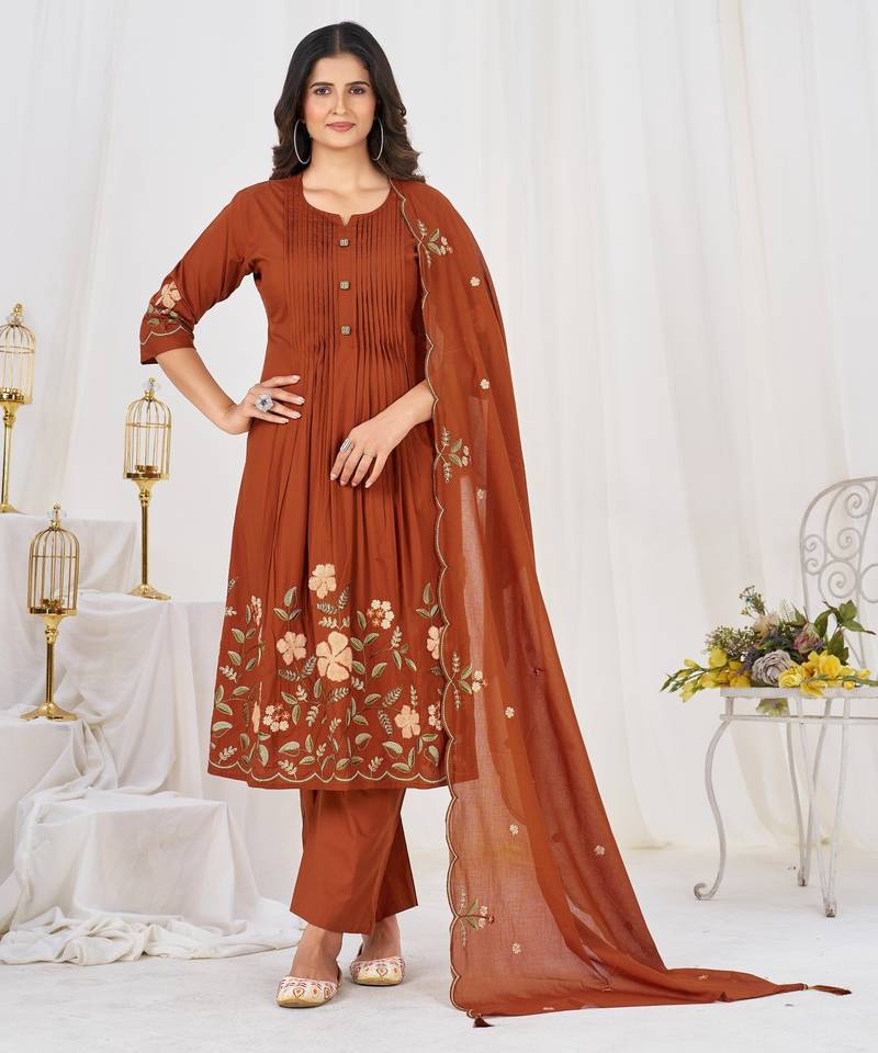 Women embroidered cotton blend a-line kurta set with pants and scalloped dupatta