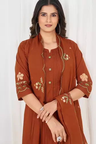 Women embroidered cotton blend a-line kurta set with pants and scalloped dupatta