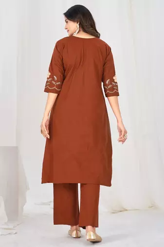 Women embroidered cotton blend a-line kurta set with pants and scalloped dupatta
