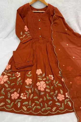Women embroidered cotton blend a-line kurta set with pants and scalloped dupatta