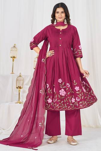 Women embroidered cotton blend a-line kurta set with pants and scalloped dupatta