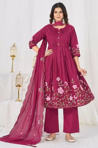 Women embroidered cotton blend a-line kurta set with pants and scalloped dupatta