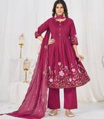 Women embroidered cotton blend a-line kurta set with pants and scalloped dupatta