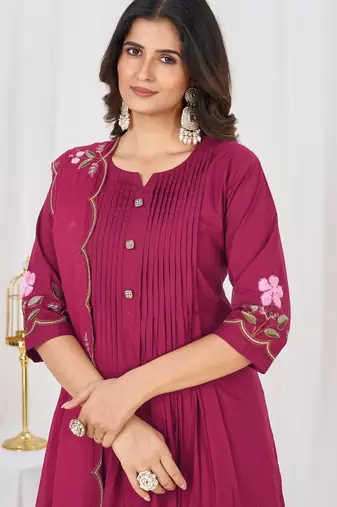 Women embroidered cotton blend a-line kurta set with pants and scalloped dupatta