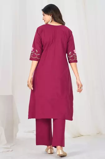Women embroidered cotton blend a-line kurta set with pants and scalloped dupatta