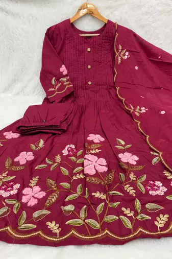 Women embroidered cotton blend a-line kurta set with pants and scalloped dupatta