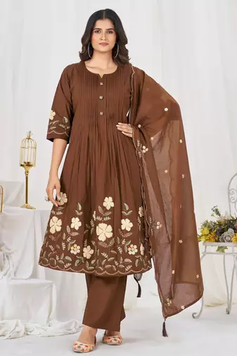 Women embroidered cotton blend a-line kurta set with pants and scalloped dupatta