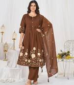 Women embroidered cotton blend a-line kurta set with pants and scalloped dupatta