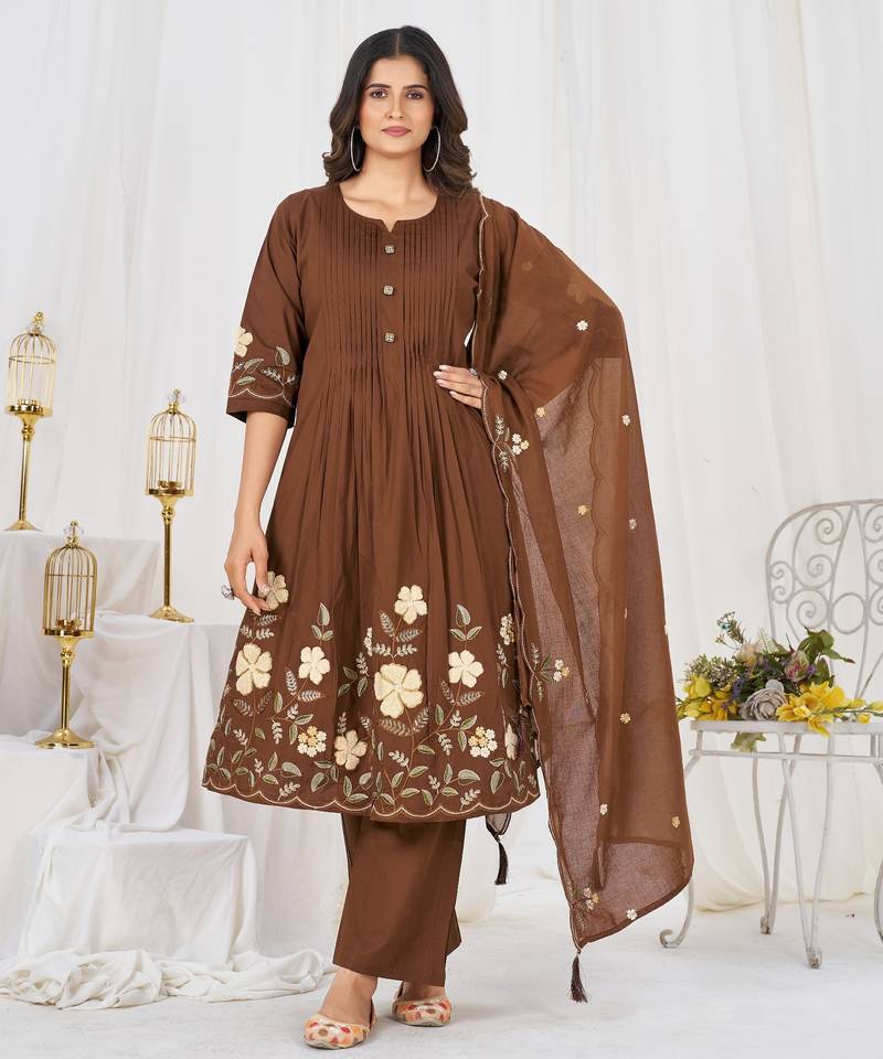 Women embroidered cotton blend a-line kurta set with pants and scalloped dupatta
