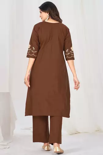 Women embroidered cotton blend a-line kurta set with pants and scalloped dupatta