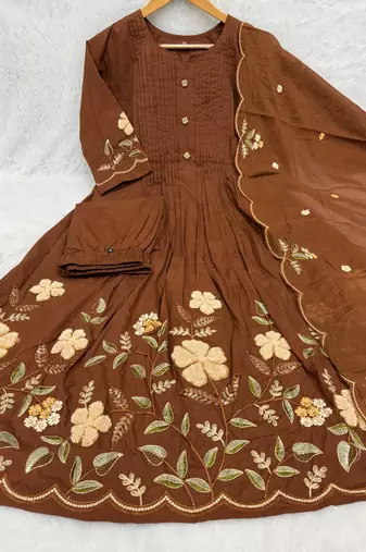 Women embroidered cotton blend a-line kurta set with pants and scalloped dupatta