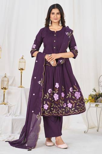 Women embroidered cotton blend a-line kurta set with pants and scalloped dupatta