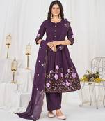 Women embroidered cotton blend a-line kurta set with pants and scalloped dupatta