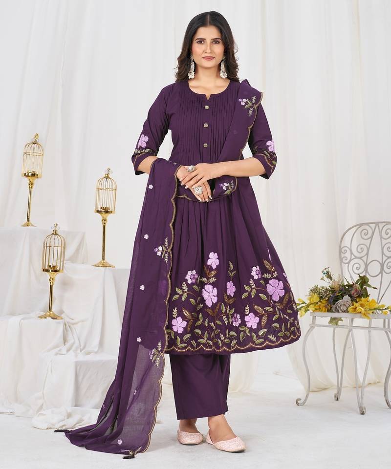 Women embroidered cotton blend a-line kurta set with pants and scalloped dupatta