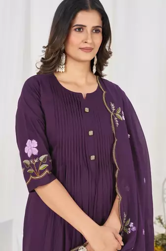 Women embroidered cotton blend a-line kurta set with pants and scalloped dupatta