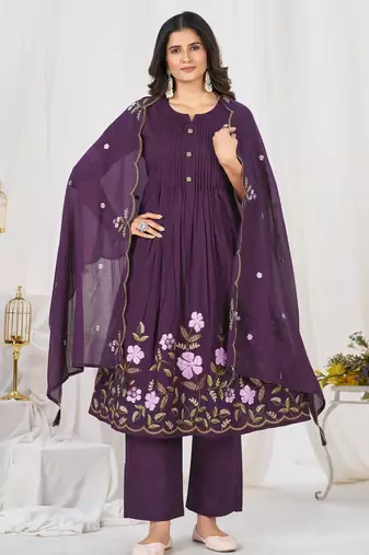 Women embroidered cotton blend a-line kurta set with pants and scalloped dupatta