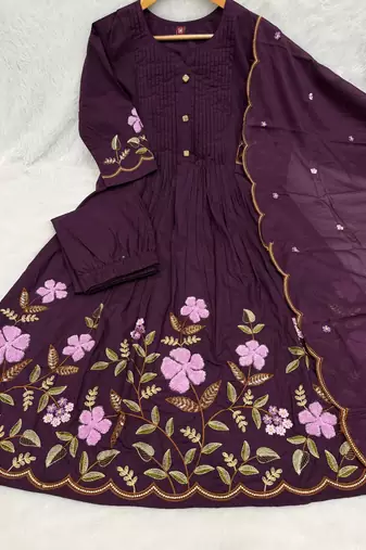 Women embroidered cotton blend a-line kurta set with pants and scalloped dupatta