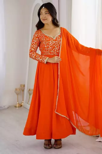 Women's stylish orange embroidered georgette festive gown