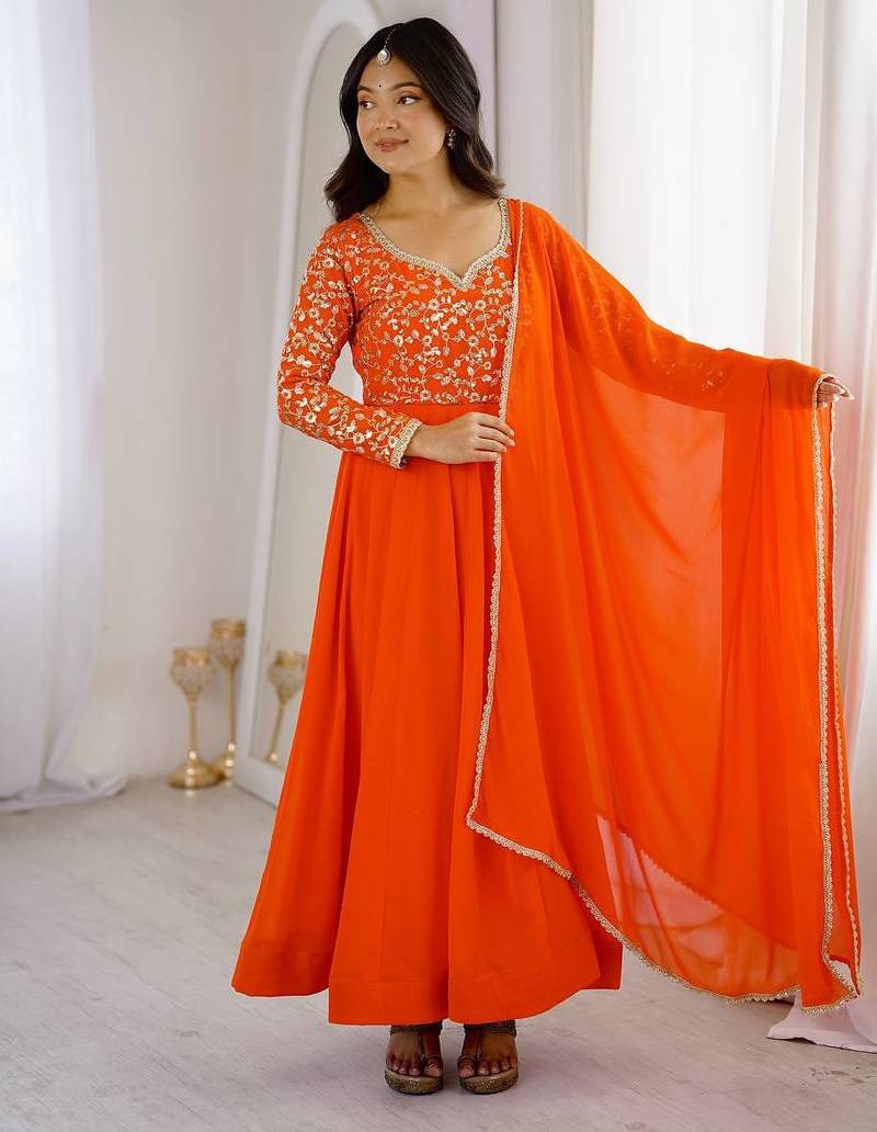 Women's stylish orange embroidered georgette festive gown