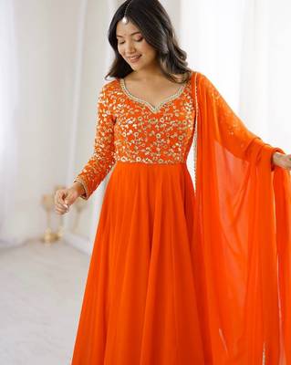Women's stylish orange embroidered georgette festive gown 2