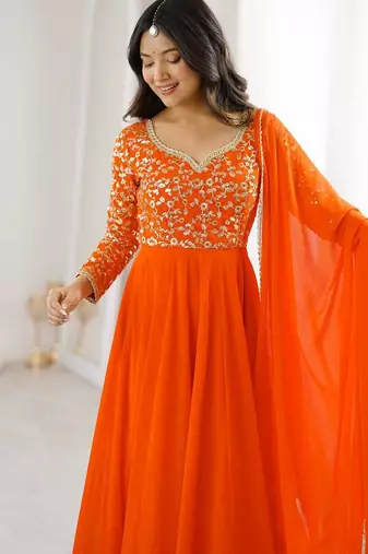 Women's stylish orange embroidered georgette festive gown