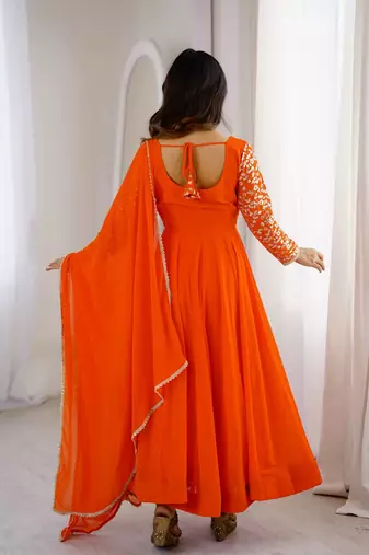 Women's stylish orange embroidered georgette festive gown