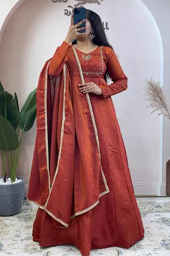 orange silk embroidered festive anarkali suit