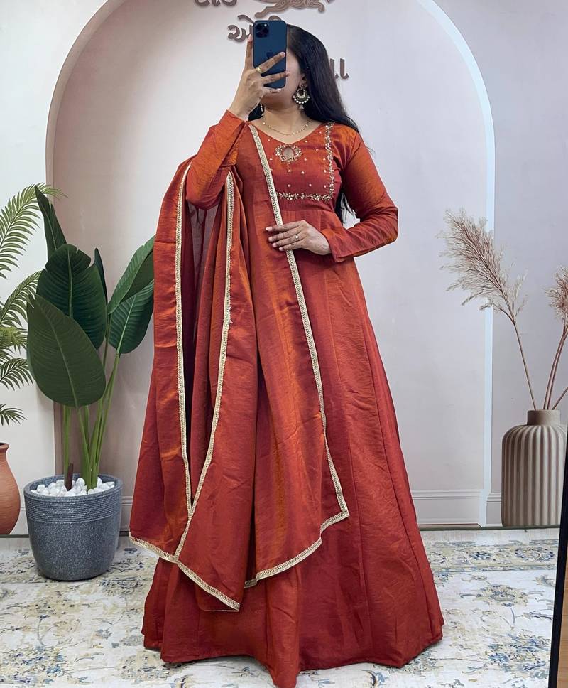 orange silk embroidered festive anarkali suit